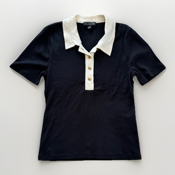 Other - J.Crew Women's Vintage Ribbed Polo Black & Cream Medium Old Money Classic Preppy